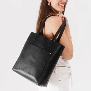 Portland Leather Goods Black Leather Tote Bag + Makeup Bag